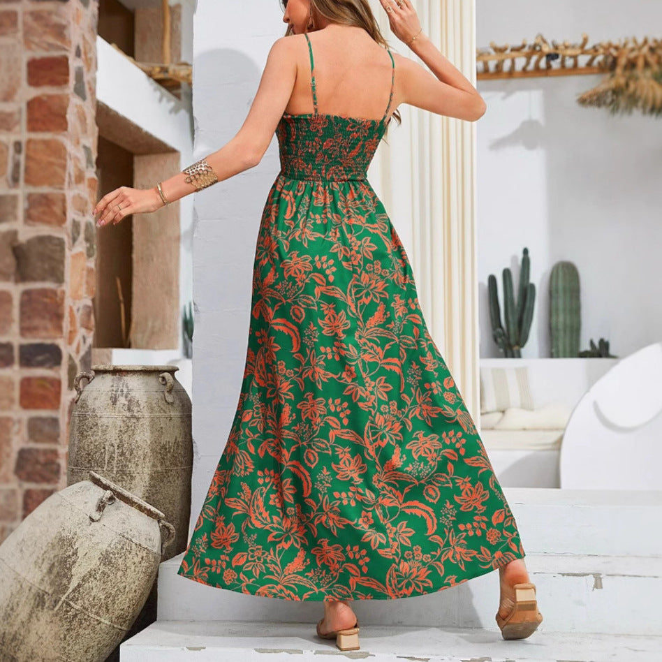 Robe longue imprimée à bretelles, sans manches, asymétrique à une épaule