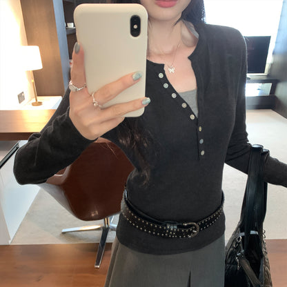 Haut Ajusté Col Henley — Élégance Casual Femme