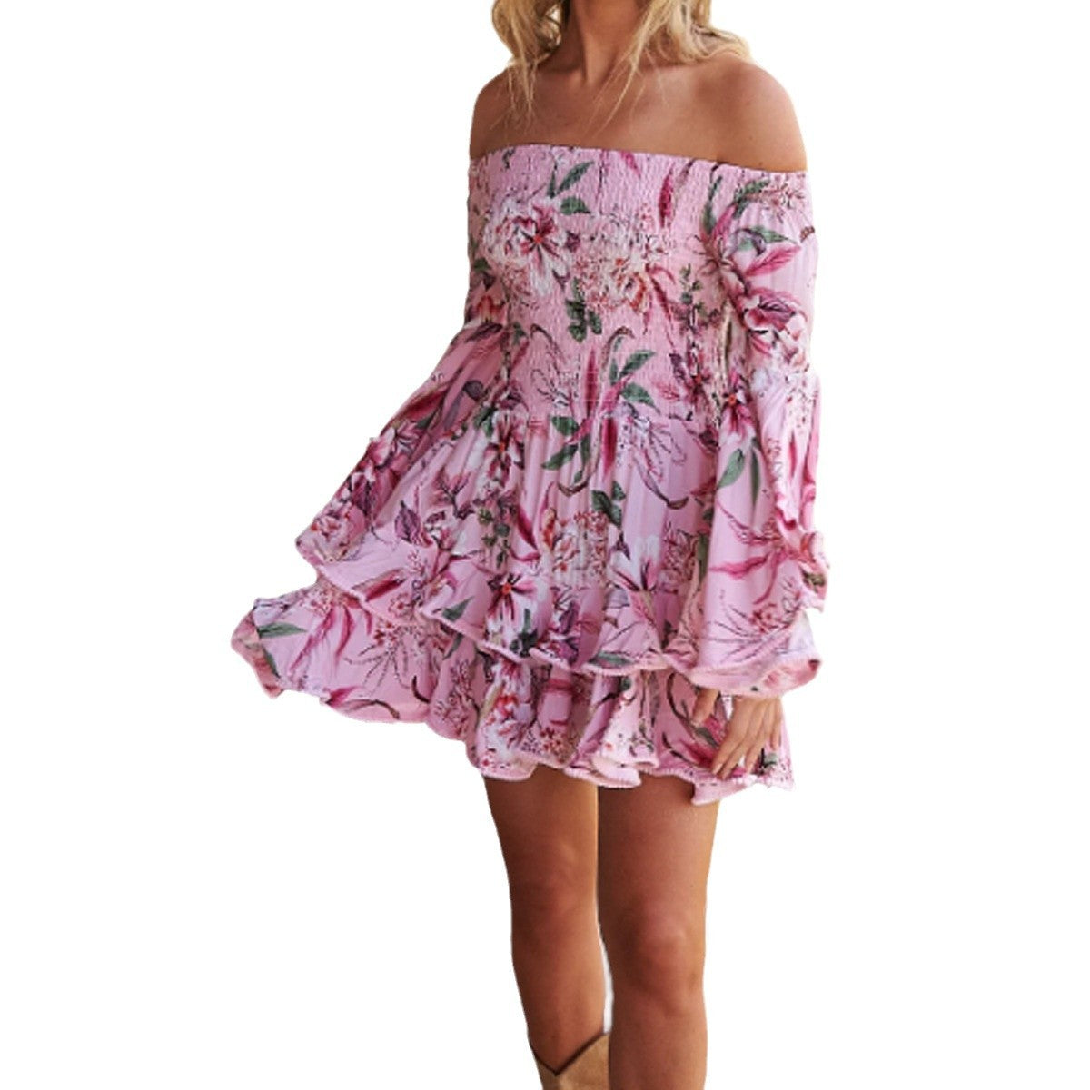 Robe Asymétrique Épaule Dénudée — Imprimé Floral